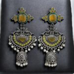 Traditional Long Jhumki Earrings | Meenakari Silver Replica Stone & Pearl Work Beautiful Jewelry For Women - "Yellow-Green"