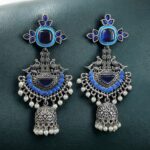 Traditional Long Jhumki Earrings | Meenakari Silver Replica Stone & Pearl Work Beautiful Jewelry For Women - "Blue-Aqua"