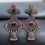 Traditional Long Jhumki Earrings | Meenakari Silver Replica Stone & Pearl Work Beautiful Jewelry For Women - "Red-Green"
