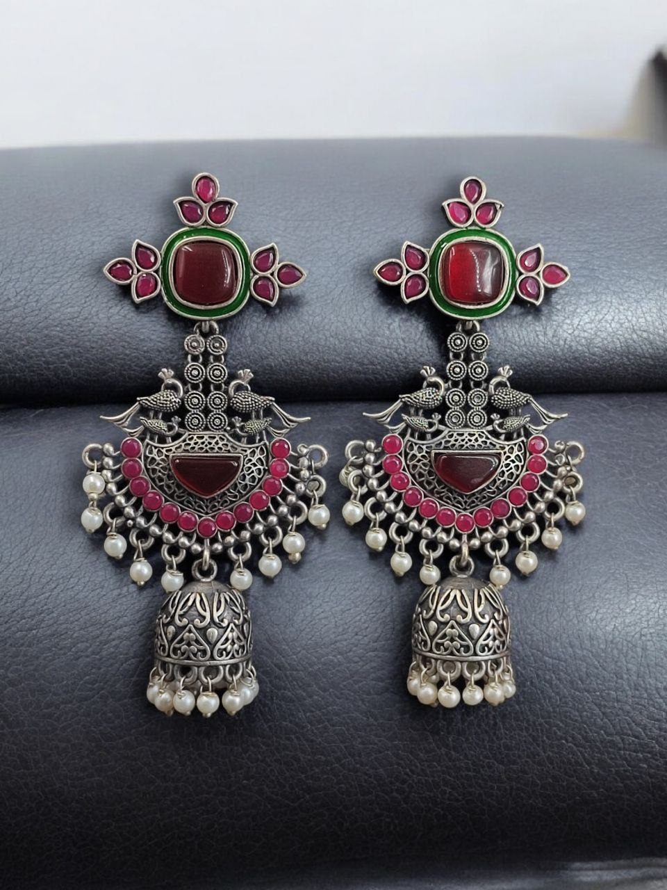 Traditional Long Jhumki Earrings | Meenakari Silver Replica Stone & Pearl Work Beautiful Jewelry For Women 3 Meenakari silver replica long jhumki earrings with stone and pearl work.
