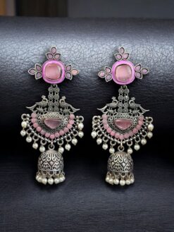 Meenakari silver replica long jhumki earrings with stone and pearl work.