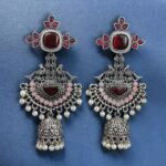 Traditional Long Jhumki Earrings | Meenakari Silver Replica Stone & Pearl Work Beautiful Jewelry For Women - "Red-Grey"