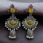 Traditional Long Jhumki Earrings | Meenakari Silver Replica Stone & Pearl Work Beautiful Jewelry For Women - "Yellow-Green-Red"