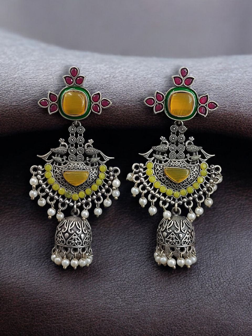 Traditional Long Jhumki Earrings | Meenakari Silver Replica Stone & Pearl Work Beautiful Jewelry For Women 2 Meenakari silver replica long jhumki earrings with stone and pearl work.
