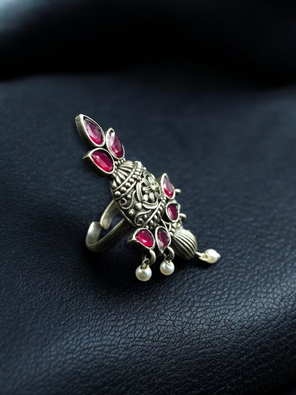 Elegant Silver Replica Adjustable Ring | Stone & Pearl Work Unique Design Jewelry 7 Silver replica adjustable ring with stone and pearl work unique design.Elegant stone and pearl silver replica adjustable ring.