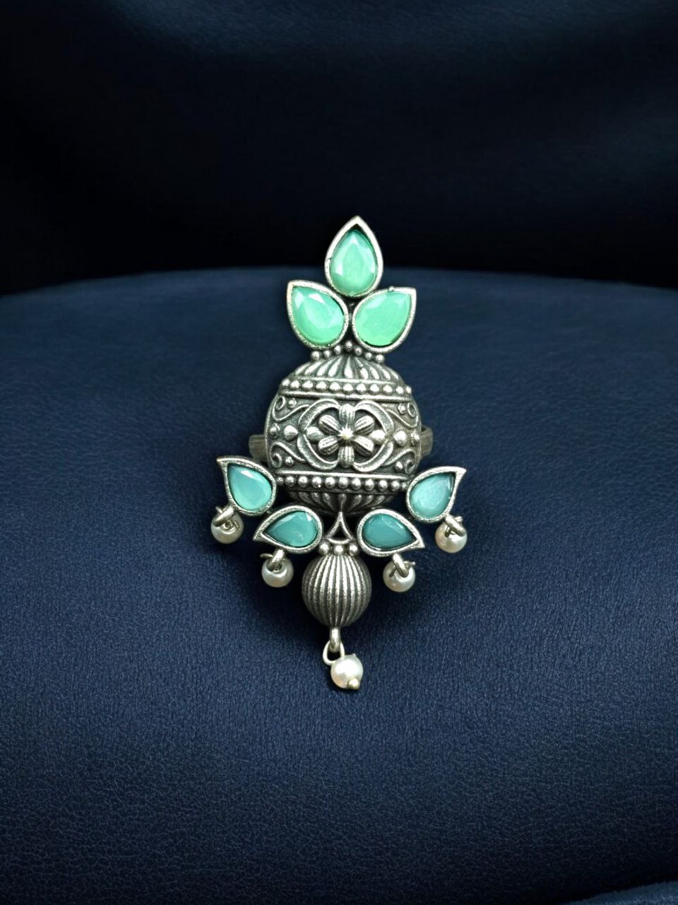 Elegant Silver Replica Adjustable Ring | Stone & Pearl Work Unique Design Jewelry 4 Silver replica adjustable ring with stone and pearl work unique design.