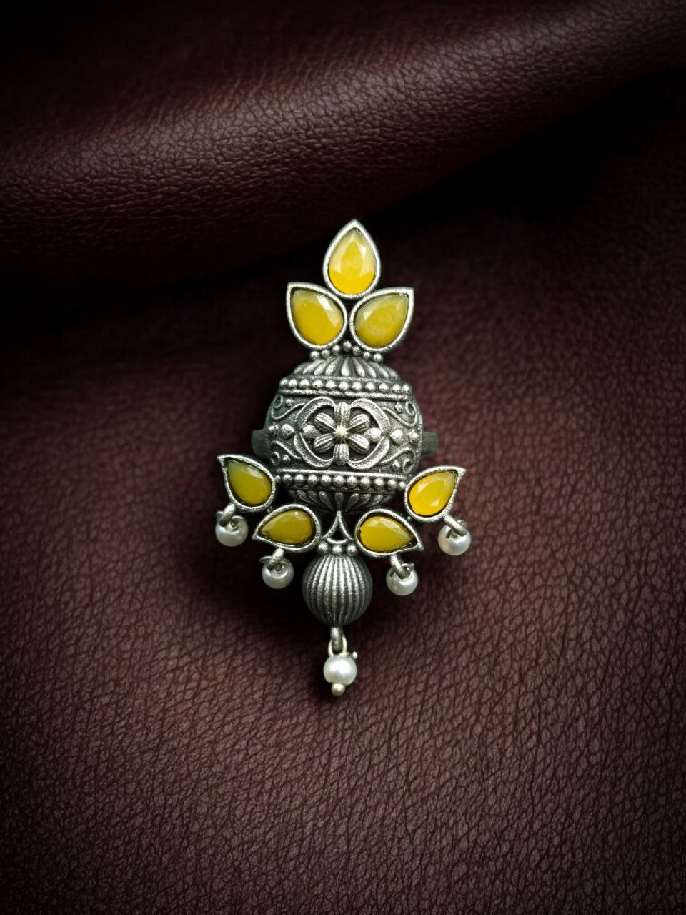 Elegant Silver Replica Adjustable Ring | Stone & Pearl Work Unique Design Jewelry 5 Silver replica adjustable ring with stone and pearl work unique design.