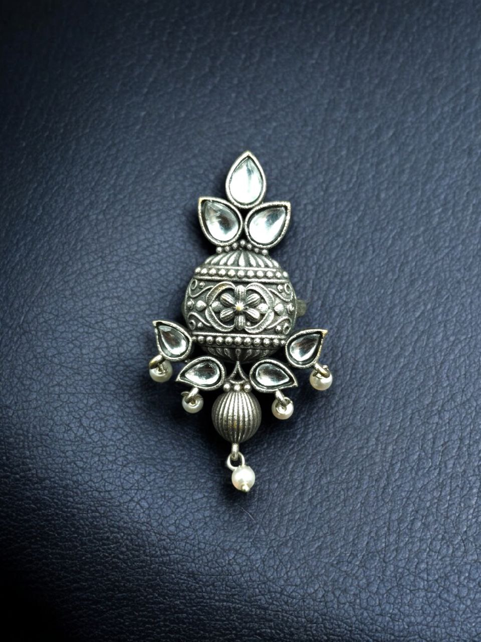 Elegant Silver Replica Adjustable Ring | Stone & Pearl Work Unique Design Jewelry 6 Silver replica adjustable ring with stone and pearl work unique design.