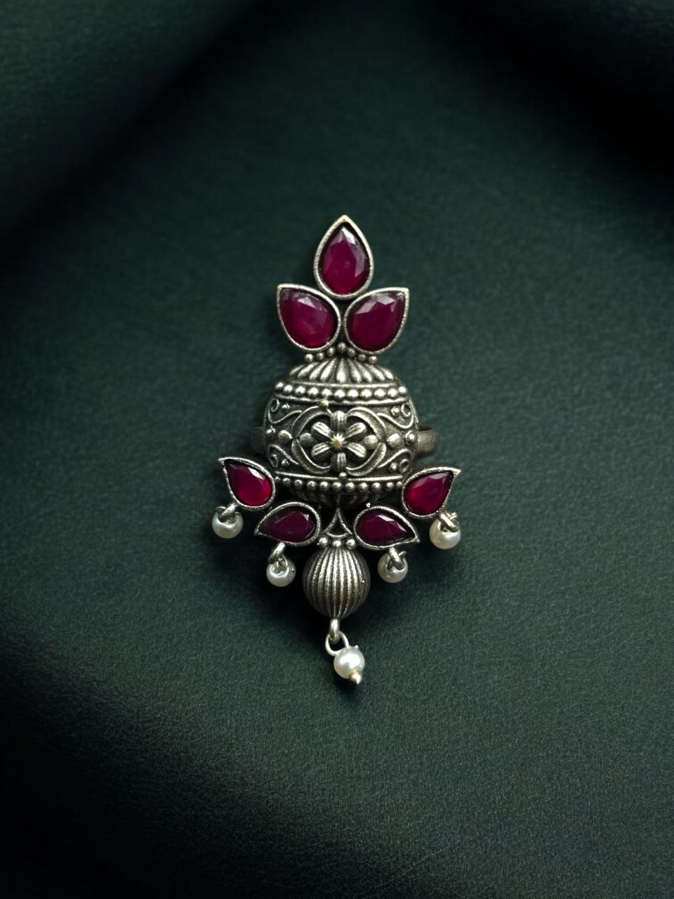 Elegant Silver Replica Adjustable Ring | Stone & Pearl Work Unique Design Jewelry 3 Silver replica adjustable ring with stone and pearl work unique design.