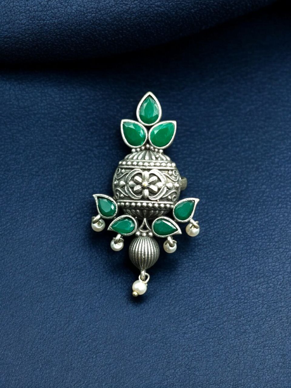 Elegant Silver Replica Adjustable Ring | Stone & Pearl Work Unique Design Jewelry 1 Silver replica adjustable ring with stone and pearl work unique design.