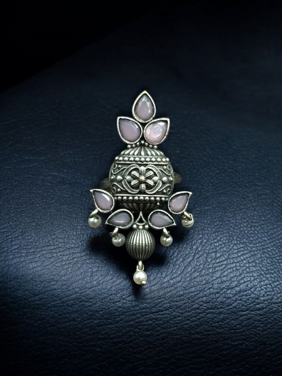 Elegant Silver Replica Adjustable Ring | Stone & Pearl Work Unique Design Jewelry 2 Silver replica adjustable ring with stone and pearl work unique design.