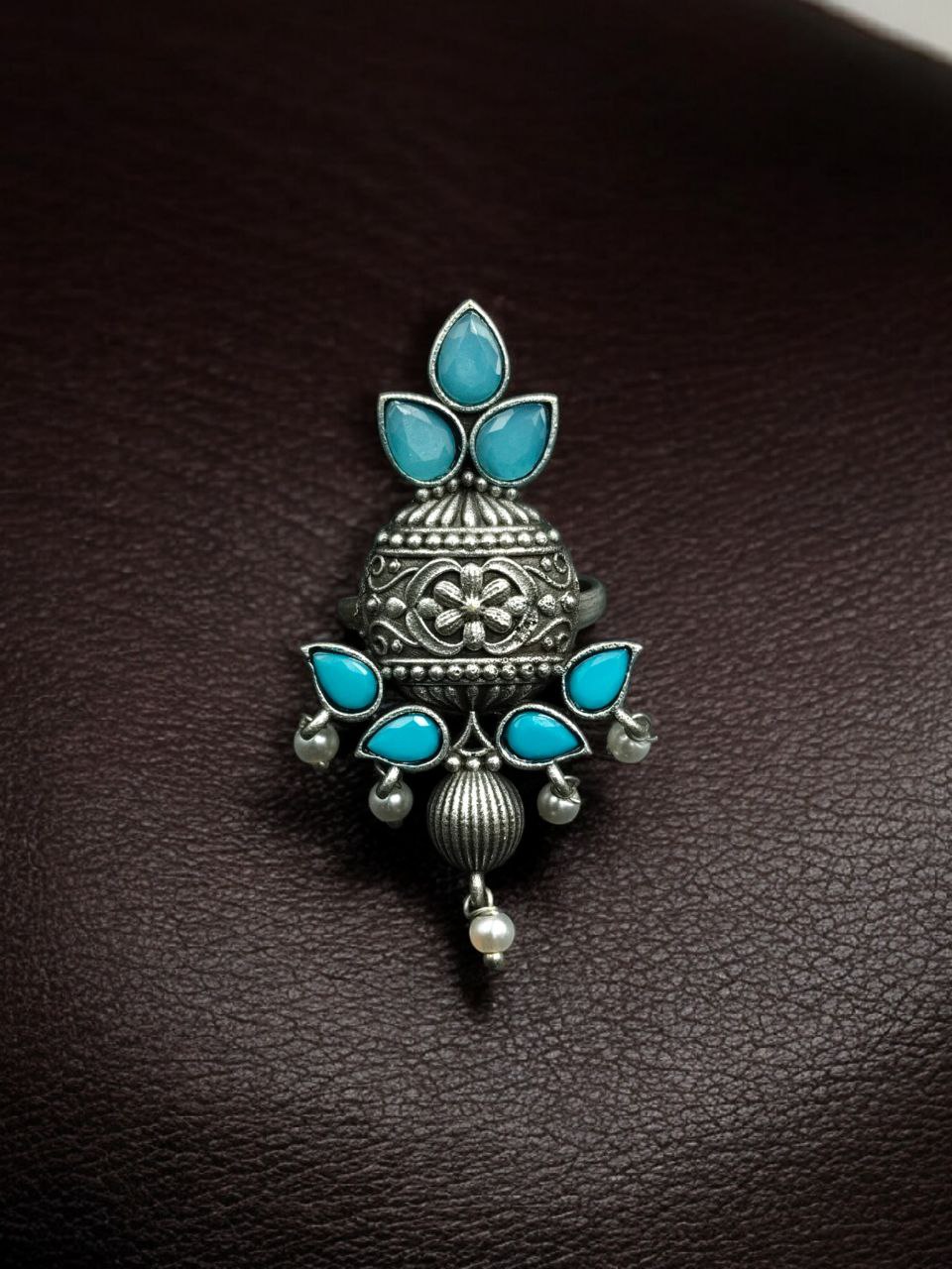 Elegant Silver Replica Adjustable Ring | Stone & Pearl Work Unique Design Jewelry 8 Silver replica adjustable ring with stone and pearl work unique design.