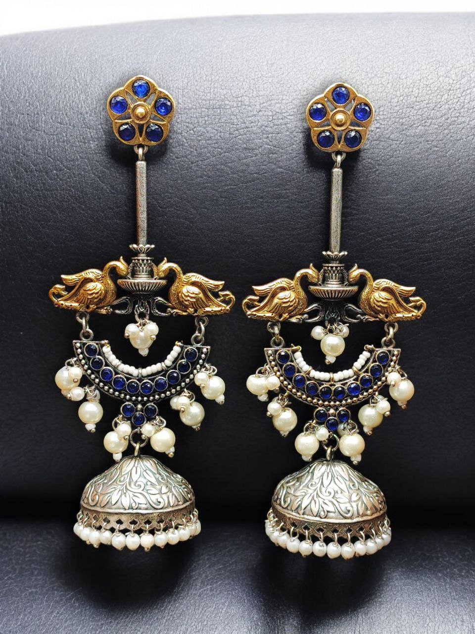 Designer Two-Tone Jhumka Earrings | Bird Design Pearl & Stone Work Beautiful Jewelry For Women 8 Two-tone bird design jhumka earrings with pearl and stone