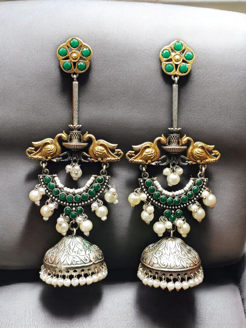 Designer Two-Tone Jhumka Earrings | Bird Design Pearl & Stone Work Beautiful Jewelry For Women 7 Two-tone bird design jhumka earrings with pearl and stone