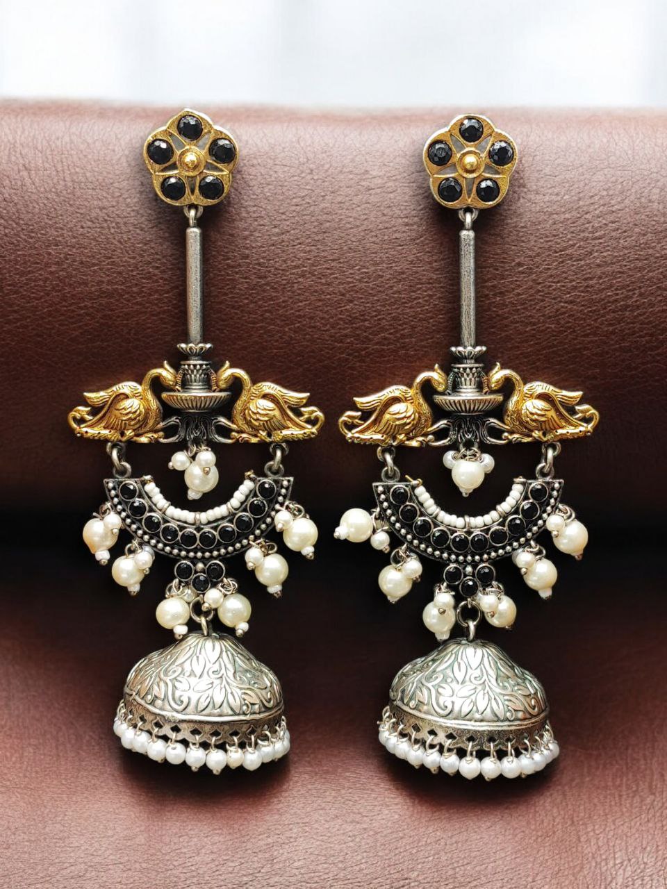 Designer Two-Tone Jhumka Earrings | Bird Design Pearl & Stone Work Beautiful Jewelry For Women 9 Two-tone bird design jhumka earrings with pearl and stone