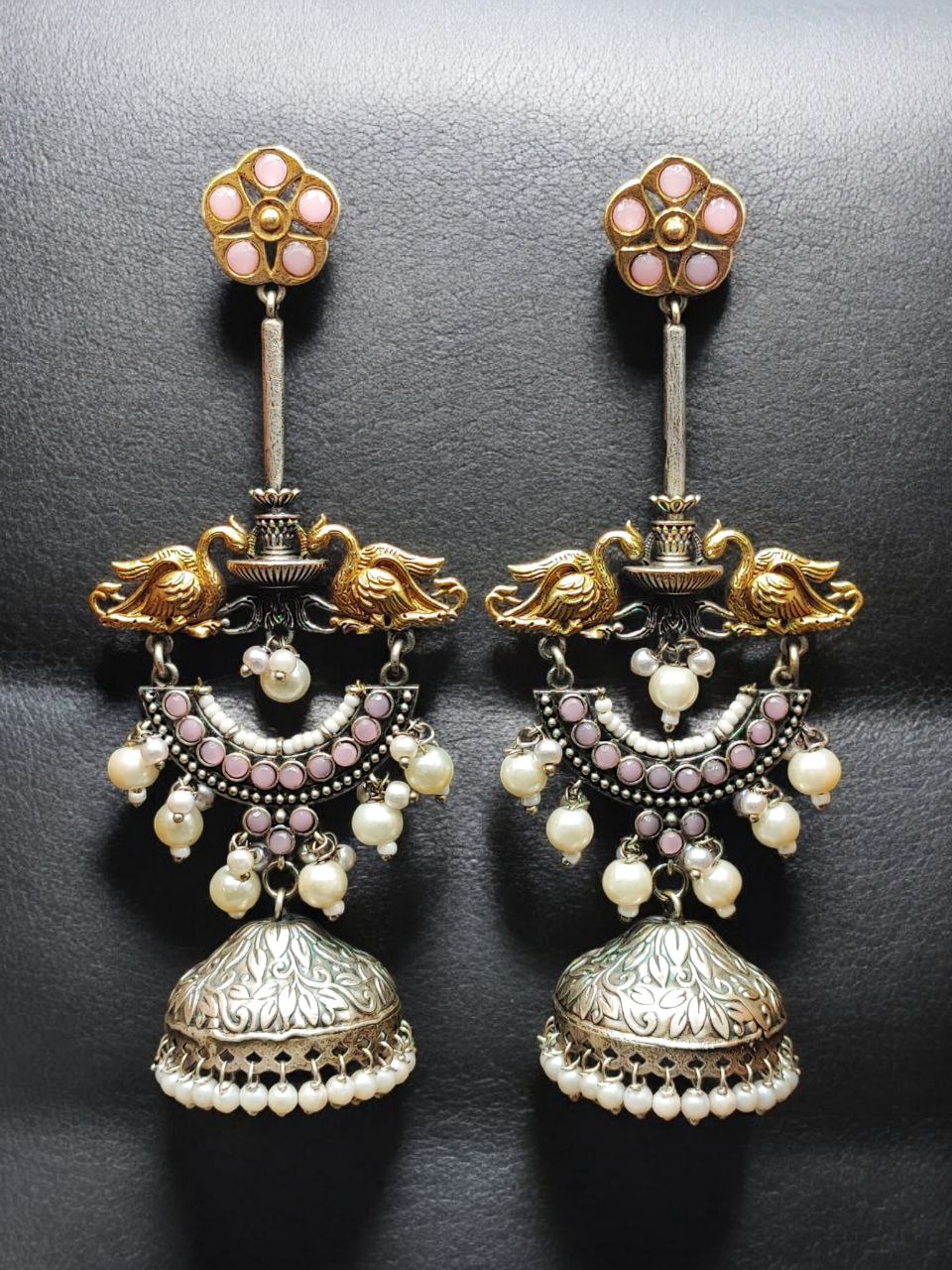 Designer Two-Tone Jhumka Earrings | Bird Design Pearl & Stone Work Beautiful Jewelry For Women 6 Two-tone bird design jhumka earrings with pearl and stone