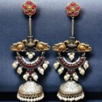 Designer Two-Tone Jhumka Earrings | Bird Design Pearl & Stone Work Beautiful Jewelry For Women - "Red"