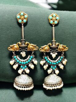 Two-tone bird design jhumka earrings with pearl and stone