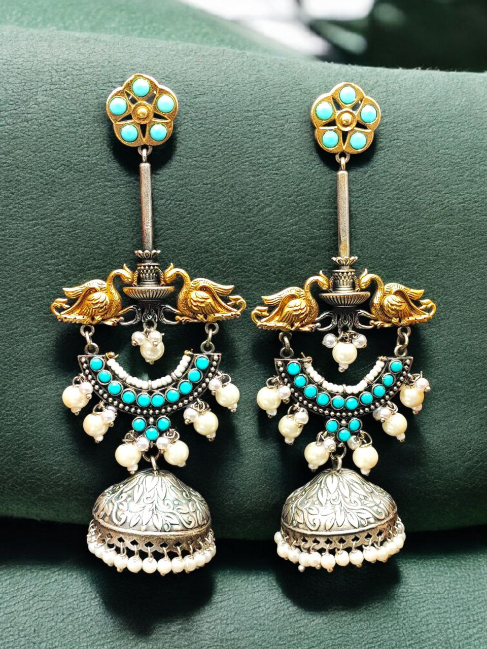 Designer Two-Tone Jhumka Earrings | Bird Design Pearl & Stone Work Beautiful Jewelry For Women 1 Two-tone bird design jhumka earrings with pearl and stone