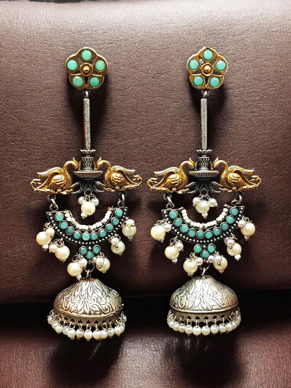Designer Two-Tone Jhumka Earrings | Bird Design Pearl & Stone Work Beautiful Jewelry For Women 3 Two-tone bird design jhumka earrings with pearl and stone
