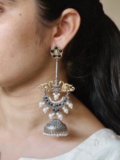 Two-tone bird design jhumka earrings with pearl and stone