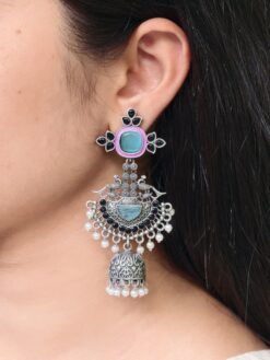 Meenakari silver replica long jhumki earrings with stone and pearl work.