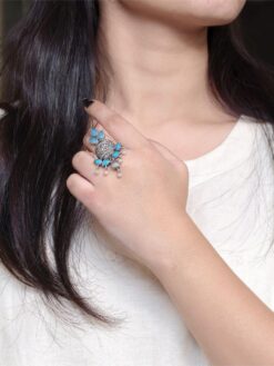 Silver replica adjustable ring with stone and pearl work unique design.