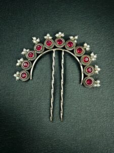 Designer Oxidized Juda Pin with Stone & Pearl Work | Unique Hair Accessory — "Red"
