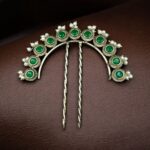 Designer Oxidized Juda Pin with Stone & Pearl Work | Unique Hair Accessory - "Green"
