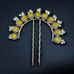Designer Oxidized Juda Pin with Stone & Pearl Work | Unique Hair Accessory - "Yellow"