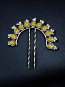 Designer Oxidized Juda Pin with Stone & Pearl Work | Unique Hair Accessory — "Yellow"