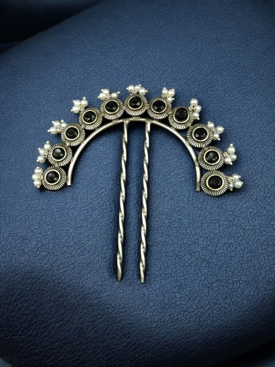 Designer Oxidized Juda Pin with Stone & Pearl Work | Unique Hair Accessory 2 Designer oxidized juda pin with stone and pearl work