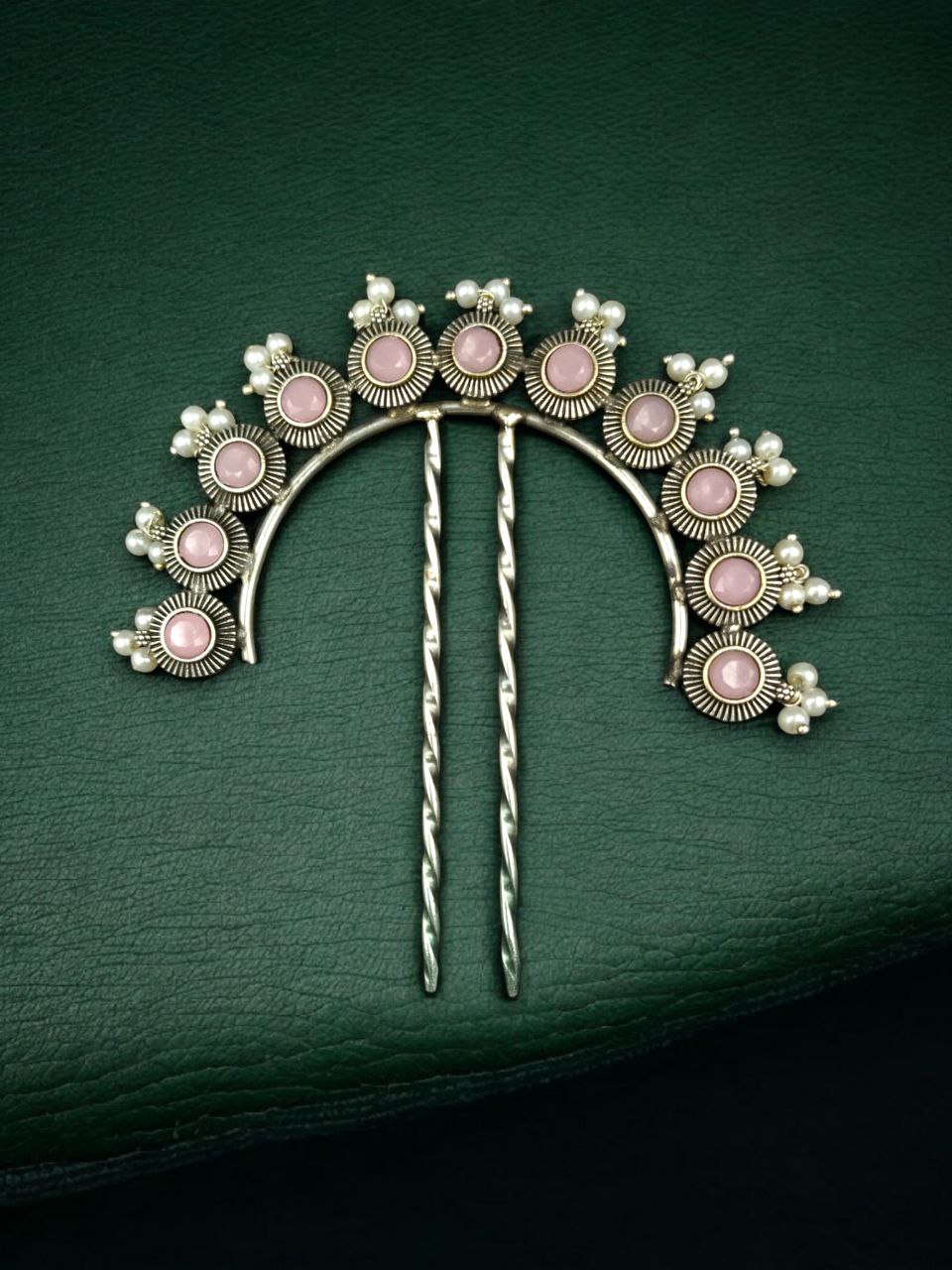 Designer Oxidized Juda Pin with Stone & Pearl Work | Unique Hair Accessory 3 Designer oxidized juda pin with stone and pearl work
