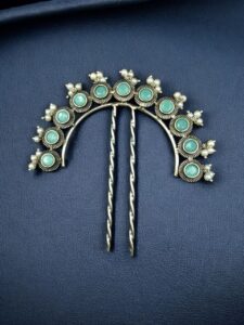 Designer Oxidized Juda Pin with Stone & Pearl Work | Unique Hair Accessory — "Mint"