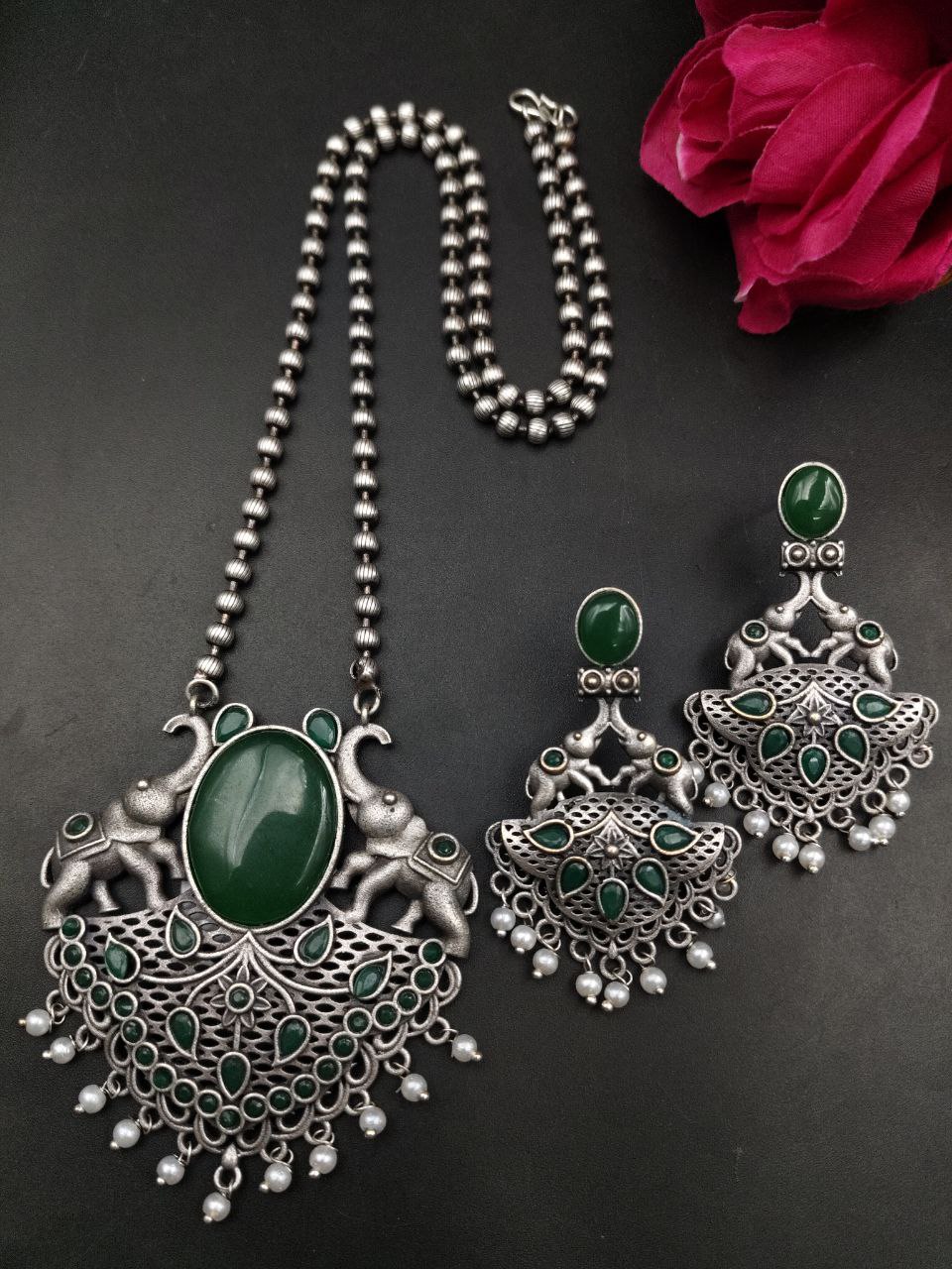 Traditional Elephant Design Necklace Set | Monalisa Stone and Pearl Work Perfect Jewelry For Girls 3 Traditional elephant design necklace set with Monalisa stone and pearl work