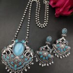 Traditional Elephant Design Necklace Set | Monalisa Stone and Pearl Work Perfect Jewelry For Girls - "Aqua"