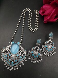 Traditional Elephant Design Necklace Set | Monalisa Stone and Pearl Work Perfect Jewelry For Girls — "Aqua"