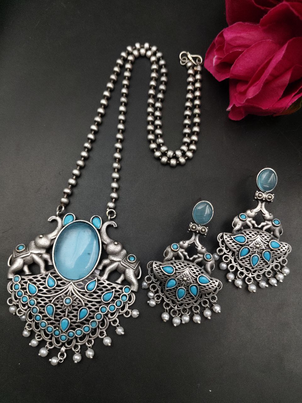 Traditional Elephant Design Necklace Set | Monalisa Stone and Pearl Work Perfect Jewelry For Girls 1 Traditional elephant design necklace set with Monalisa stone and pearl work