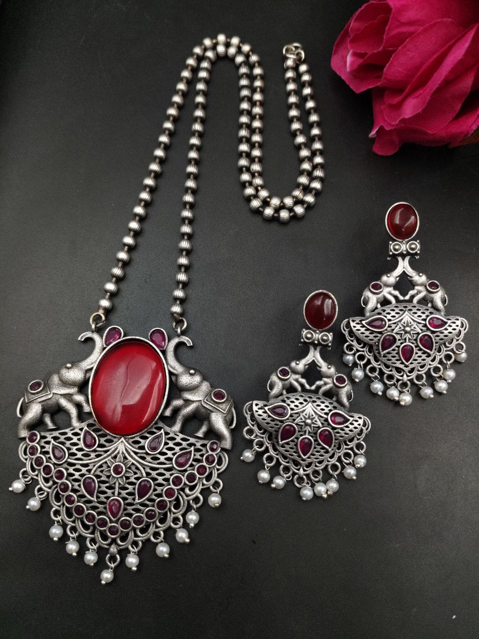 Traditional Elephant Design Necklace Set | Monalisa Stone and Pearl Work Perfect Jewelry For Girls 4 Traditional elephant design necklace set with Monalisa stone and pearl work