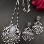 Traditional Elephant Design Necklace Set | Monalisa Stone and Pearl Work Perfect Jewelry For Girls - "Grey"