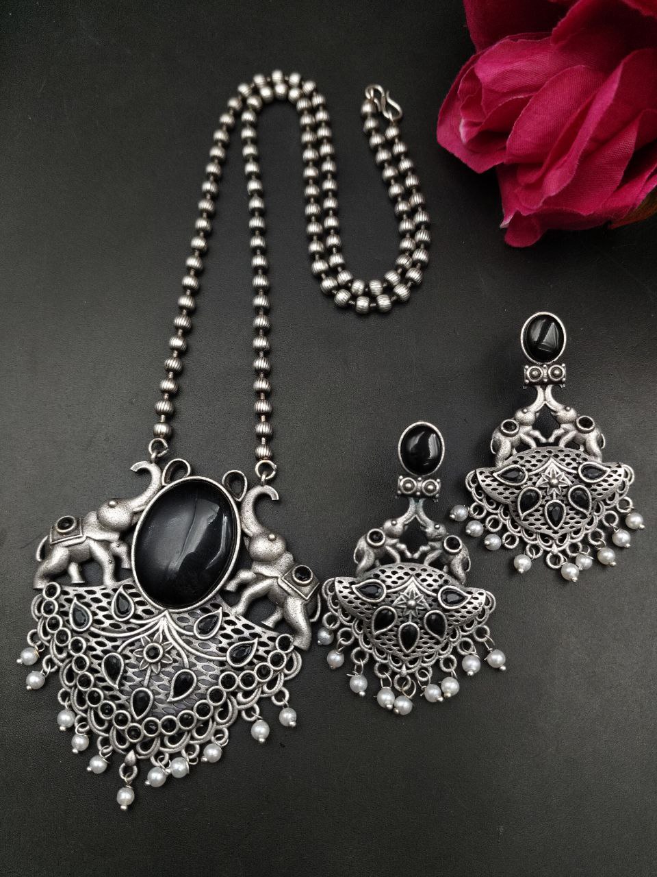 Traditional Elephant Design Necklace Set | Monalisa Stone and Pearl Work Perfect Jewelry For Girls 6 Traditional elephant design necklace set with Monalisa stone and pearl work