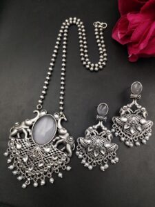 Traditional Elephant Design Necklace Set | Monalisa Stone and Pearl Work Perfect Jewelry For Girls — "Grey"