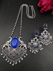 Traditional Elephant Design Necklace Set | Monalisa Stone and Pearl Work Perfect Jewelry For Girls — "Blue"