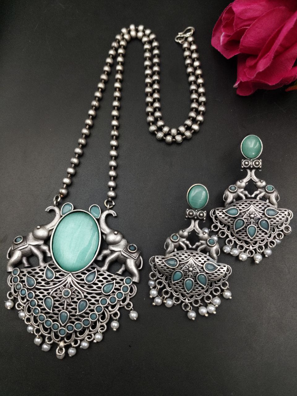 Traditional Elephant Design Necklace Set | Monalisa Stone and Pearl Work Perfect Jewelry For Girls 7 Traditional elephant design necklace set with Monalisa stone and pearl work