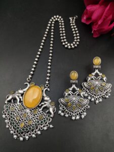 Traditional Elephant Design Necklace Set | Monalisa Stone and Pearl Work Perfect Jewelry For Girls — "Yellow"