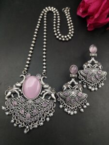 Traditional Elephant Design Necklace Set | Monalisa Stone and Pearl Work Perfect Jewelry For Girls — "Baby Pink"