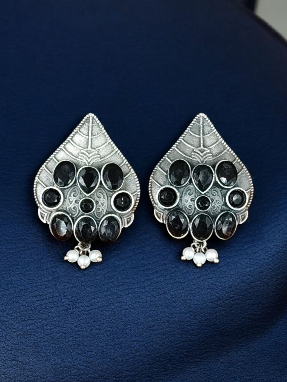 Traditional Leaf Design Earrings | Silver Replica Stone & Pearl Work Best Oxidized Jewelry 5 Traditional leaf design oxidized silver replica earrings with stone and pearl work