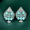 Traditional Leaf Design Earrings | Silver Replica Stone & Pearl Work Best Oxidized Jewelry 10 Traditional leaf design oxidized silver replica earrings with stone and pearl work