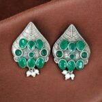 Traditional Leaf Design Earrings | Silver Replica Stone & Pearl Work Best Oxidized Jewelry - "Green"