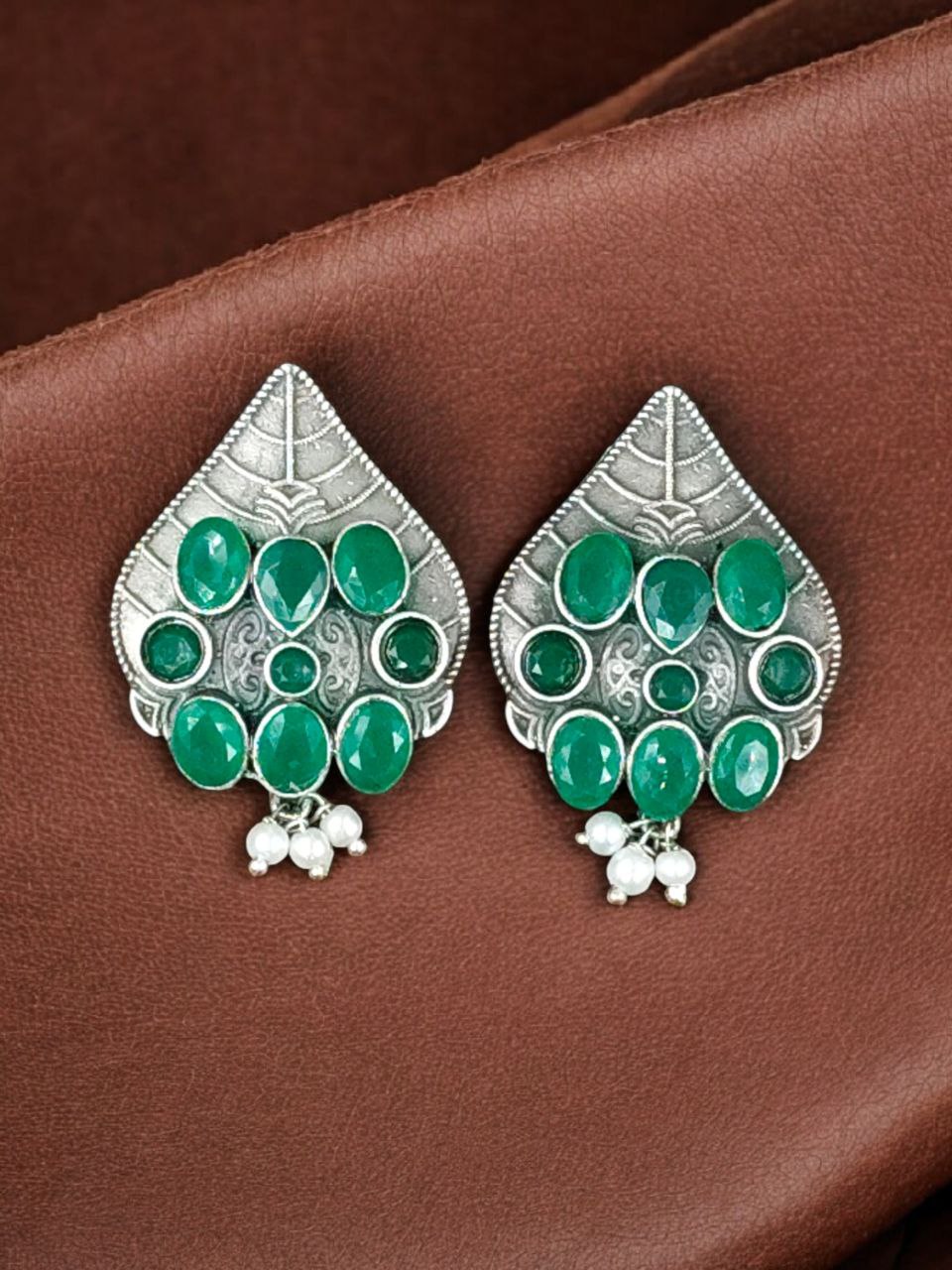 Traditional Leaf Design Earrings | Silver Replica Stone & Pearl Work Best Oxidized Jewelry 3 Traditional leaf design oxidized silver replica earrings with stone and pearl work